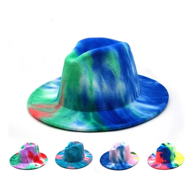 2020 Chapéu Tie Dye Fedora Inverno Panama Jazz Caps Feminino Masculino Lã Feltro Aba Larga Gangster Trilby Hats2424