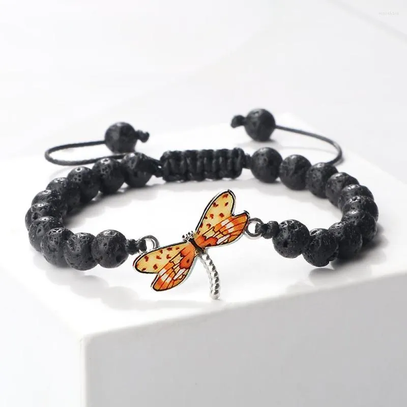 Pulseiras trançadas com libélulas multicoloridas 6 mm pedra natural preto lava contas de obsidiana pulseiras joias da moda ajustáveis feitas à mão