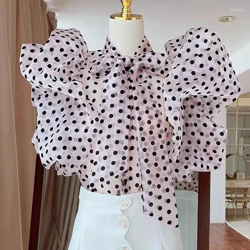 Women's Blouses Court Style Crop Top Vintage Perspective Organza Polka Dot Shirt Bow Lantern Short Sleeve Blusas Mujer Sexy Blouse Black