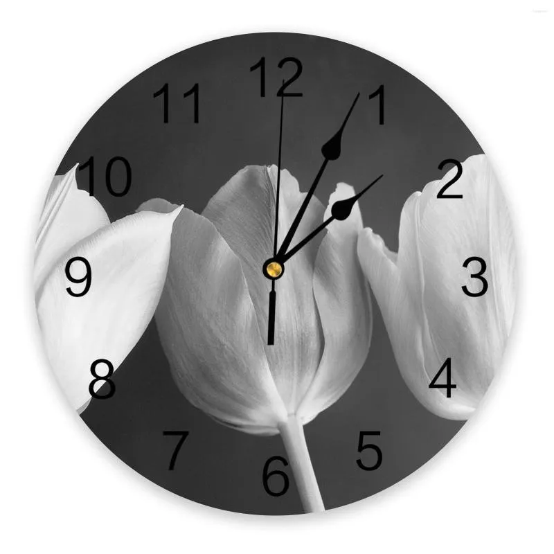 Orologi da parete Fiore di tulipano Decorazioni per la casa in bianco e nero Cucina moderna Camera da letto Orologio da soggiorno