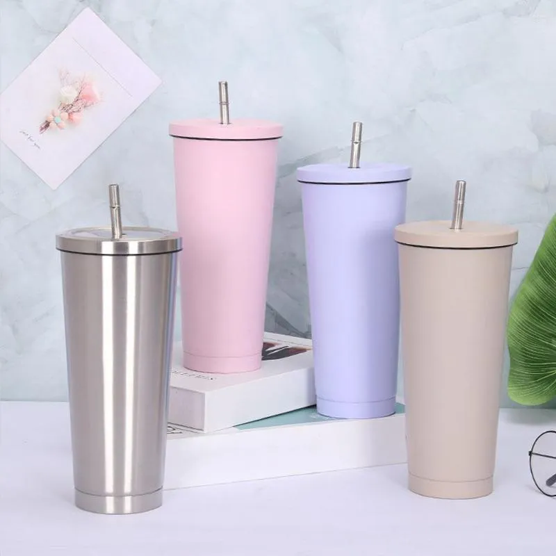 Water Bottles 750ML Stainless Steel Straw Cup Large Capacity Vacuum Solid Color Coffee Mug Tumbler With Leakproof Lid