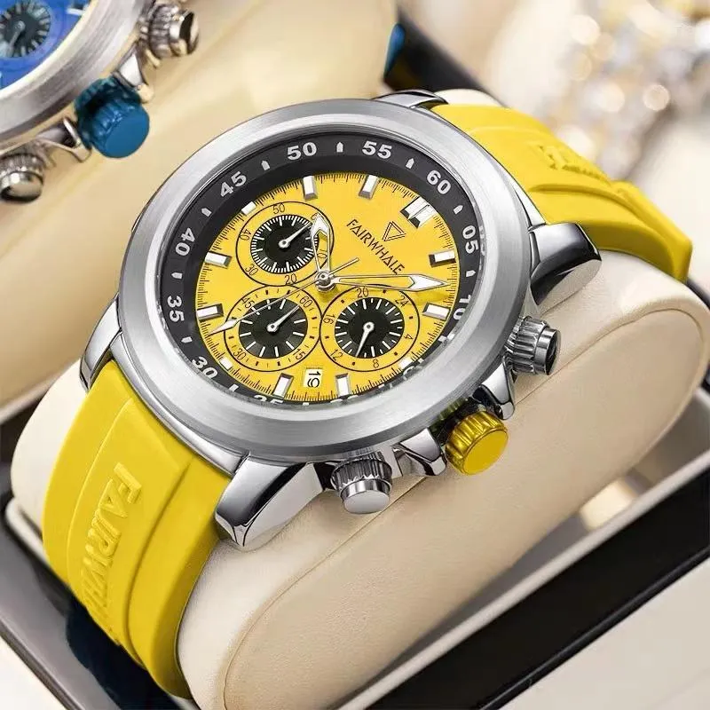 Relógios de pulso 2023 Relógios de pulso de luxo Mens Fashion Mark Fairwhale Yellow Silicone Strap impermeável Cronógrafo Relógio de quartzo