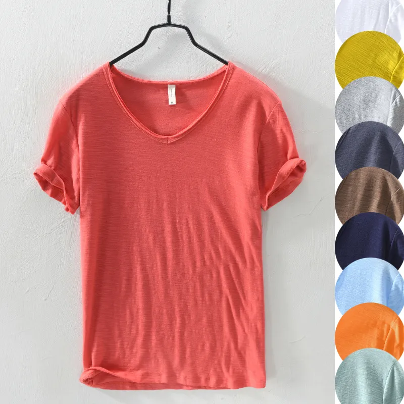 Men's T-Shirts 100% Cotton Retro Raw Edge Color T-shirt for Men -Lightweight Breathable Slim-fit Solid Color V-neck Casual Color Tee -Basic Top 230609