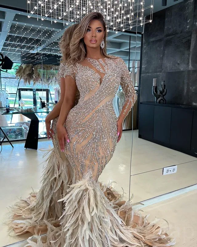 Gorgeous Champagne Beading Feather Mermaid Long Evening Party Dress, DP4635 main image 1