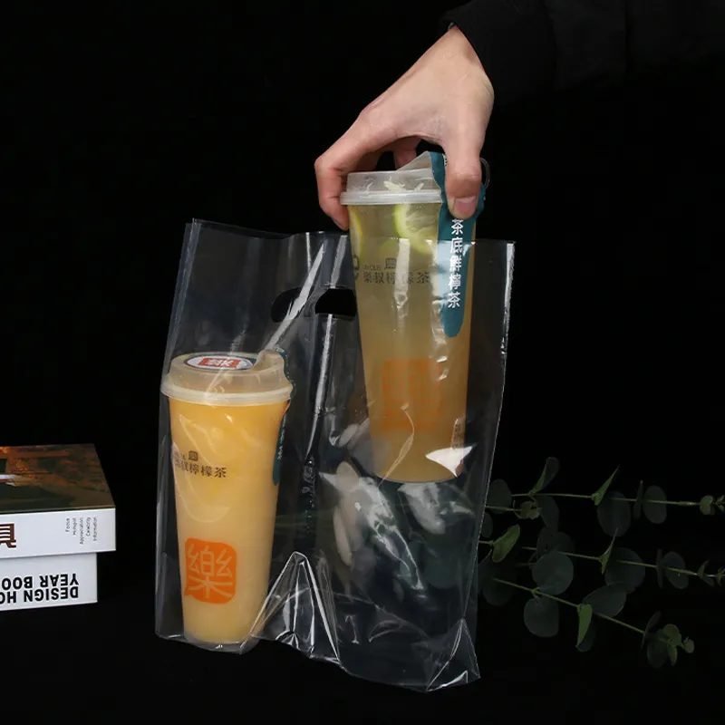 Dikke doorzichtige plastic drankdrager Take Out Bag Twee ontwerp Cola Cup-verpakking Handtas voor One Cup Pack-tassen