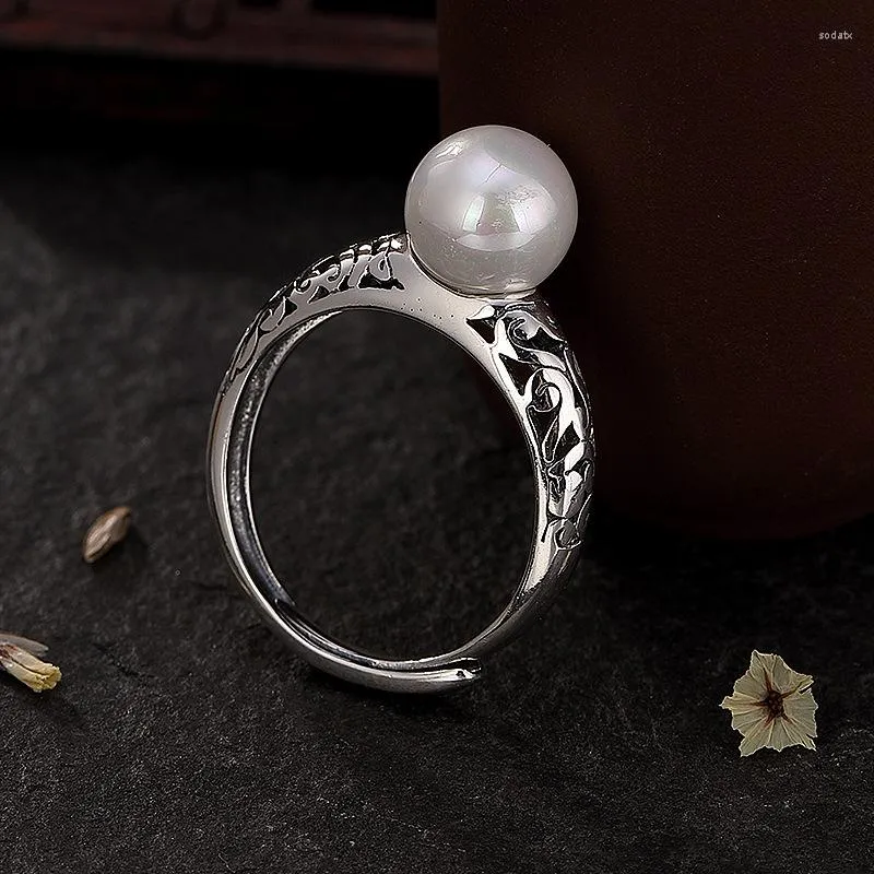 Pierścienie klastra BaifUming S925 Srebrny Inkrustowany Naturalny Perl Dekoracyjny Pusty Otwarty Pierścień All-Match Pierścień
