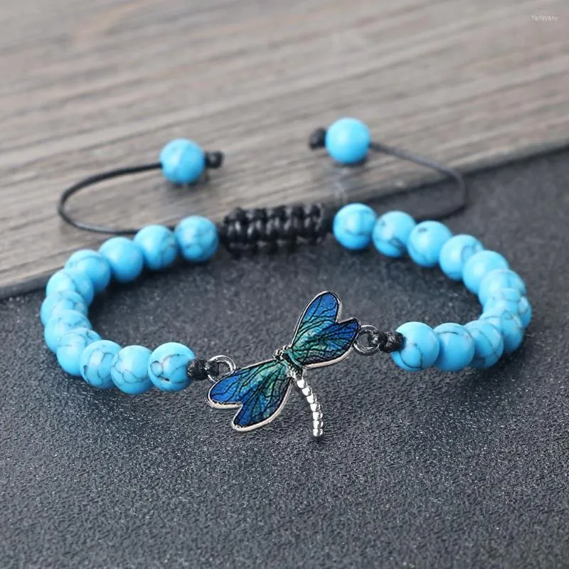 Strand 6mm Blue Line Beads Dragonfly Pendant Braided Bracelet Women Men Healing Chakra Natural Stone Bangles Chain Jewelry Pulsera Gift