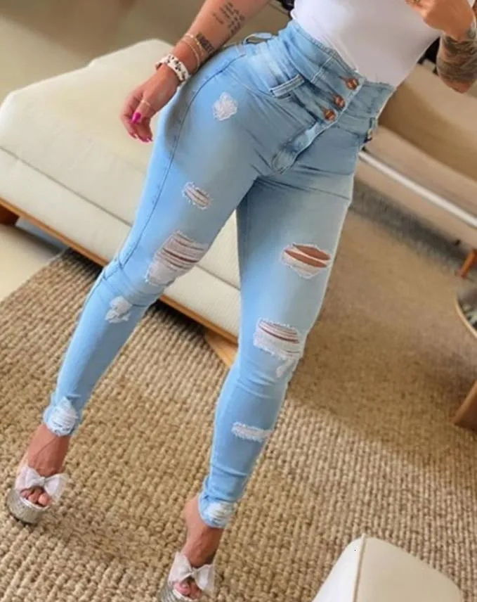 Women's Jeans Women's Jeans Trend Autumn Fashion High Waist Buttoned Cutout Ripped Casual Skinny Plain Pocket Design Daily Long Jeans 230609