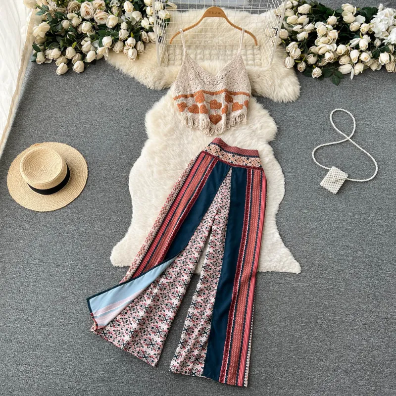 Two Piece Pant Suit Womens Tassel Bra Sling and Printed Wide Leg Chiffon  Pants Set from Dhgate Two Piece Dress - price 49.25