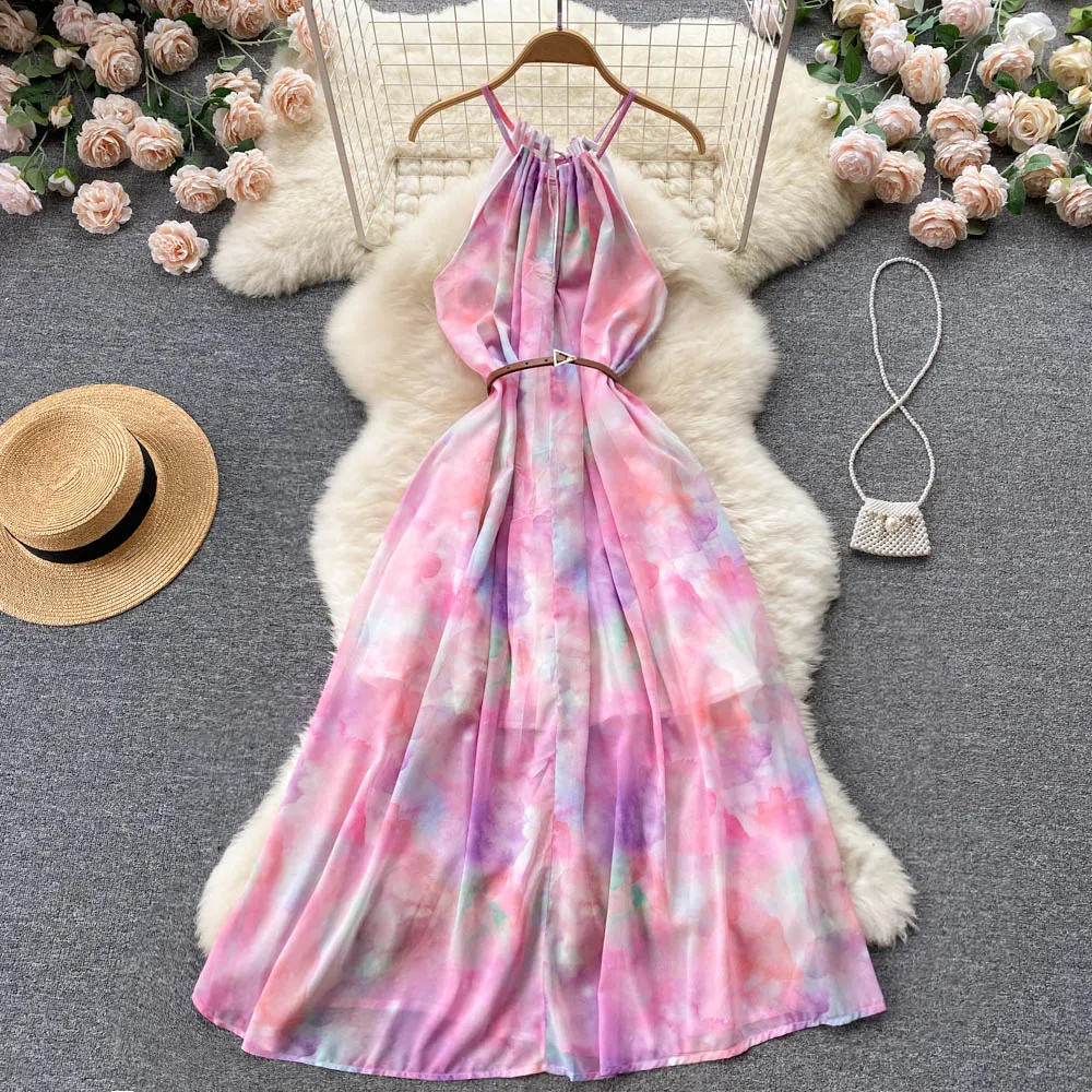 2023 Casual Dresses Women New Fashion Sexy Halter Tie färgad tryck A-Line Dress Summer ärmlösa koreanska kläder Vestidos