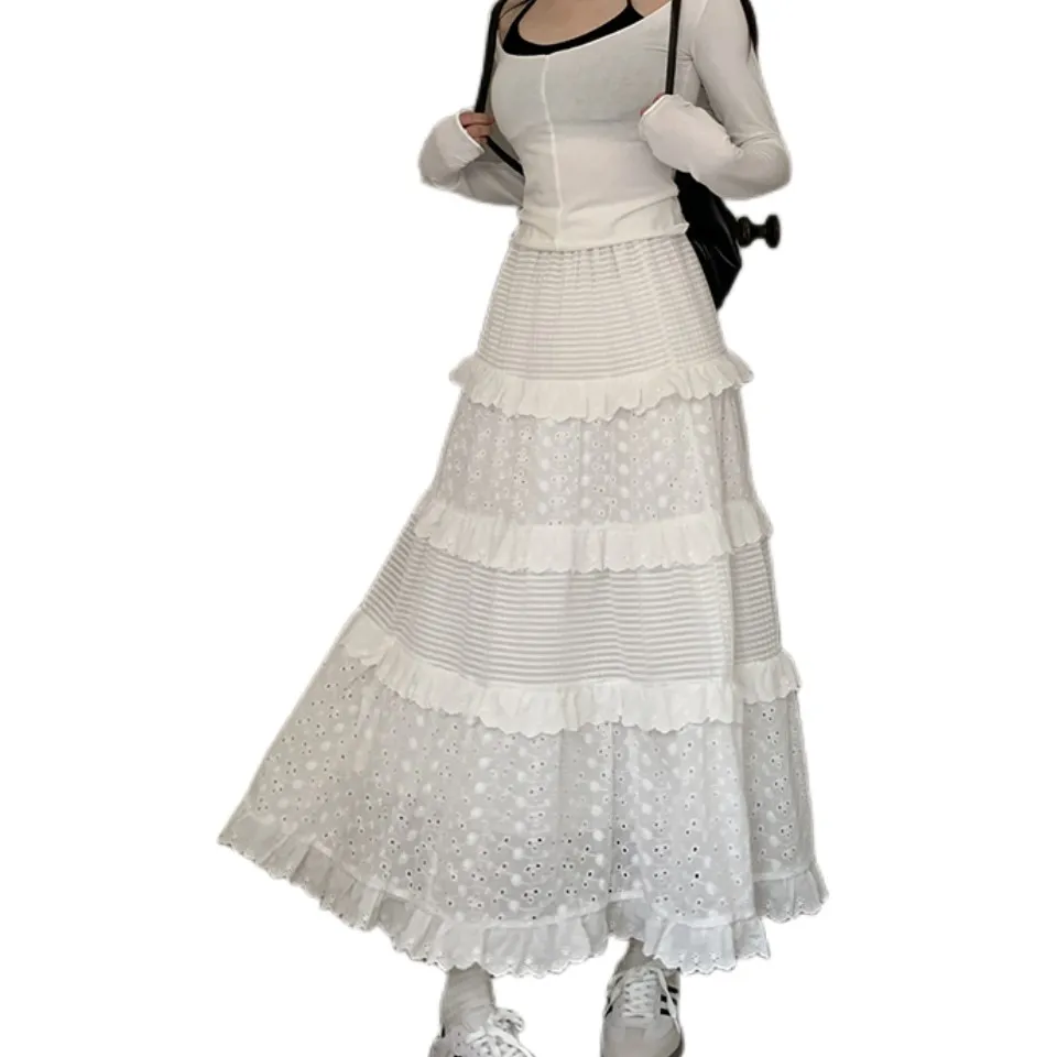 女性の白い色高エラスティワイスクロシュホローAラインマキシロングスカートSM