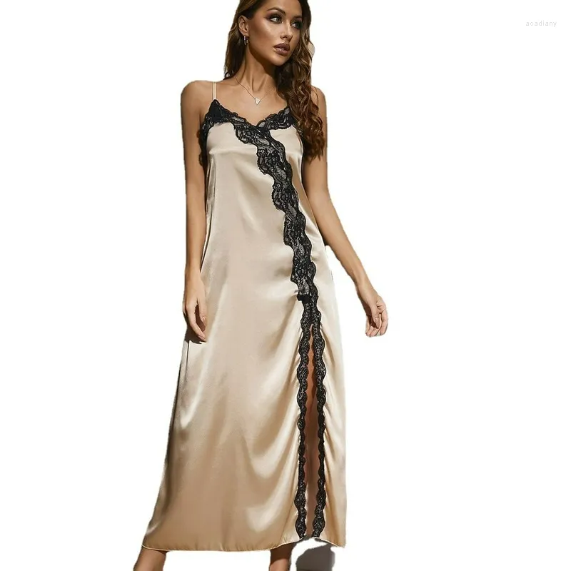 Kvinnors sömnkläder Long Nightie Lace Silk Split Nightrown for Women slip Dress Gown Sexy Women's