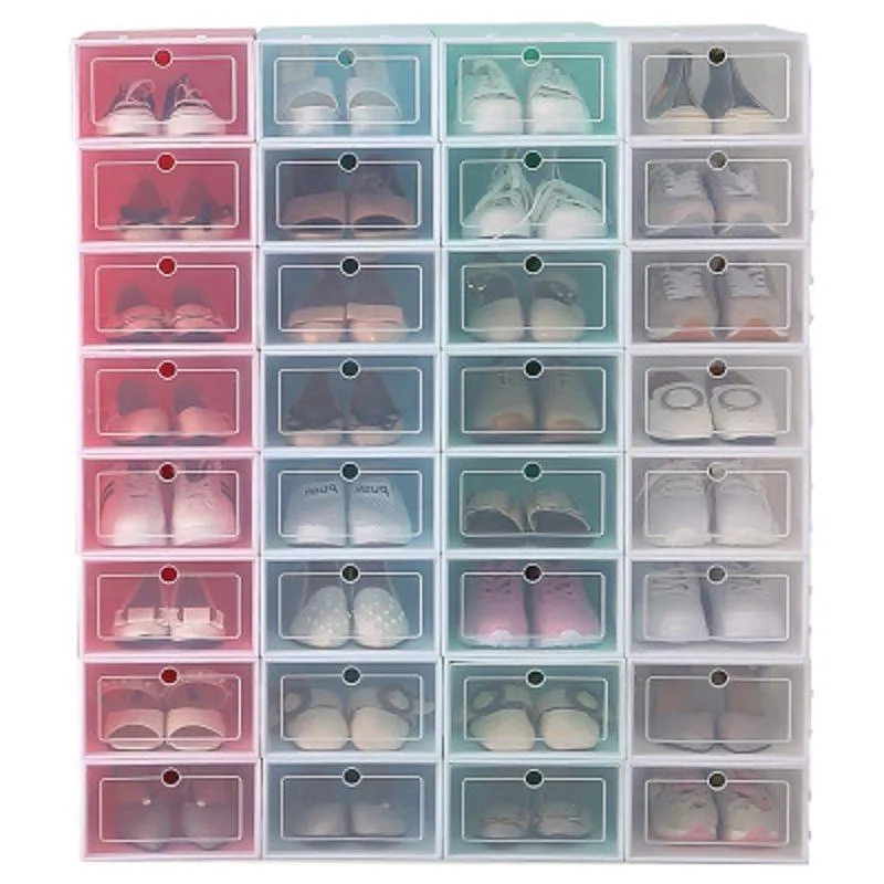 Boîte de rangement en plastique transparent pour chaussures Tiroir à bascule épaissi Anti-poussière Sneaker Organisateur Talons hauts Boîtes Bonbons Couleur Chaussures empilables Conteneur Obdm