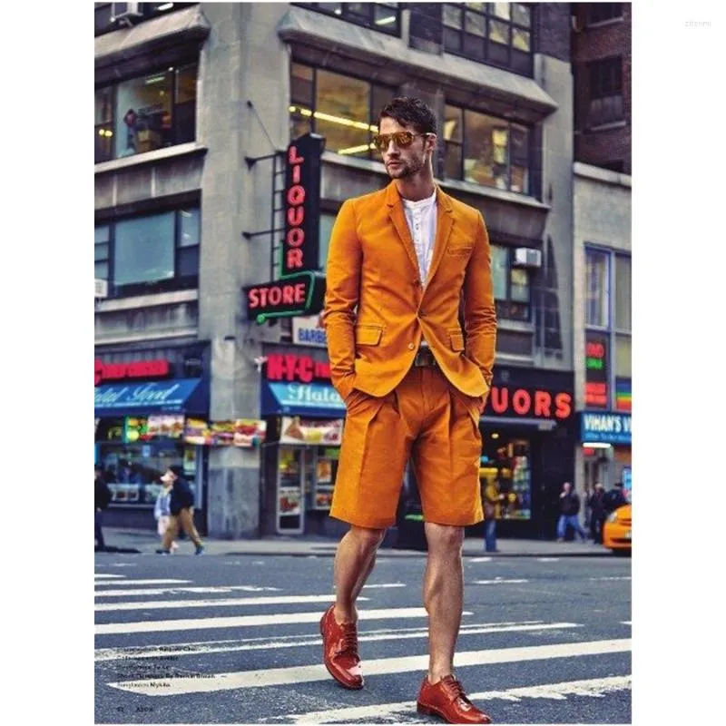 Men's Suits Street Style Orange Fashion Male Blazer Tailored Notch Lapel Bridegroom Wedding Wear Men's Summer Trendy 2 Pieces Slim Fit