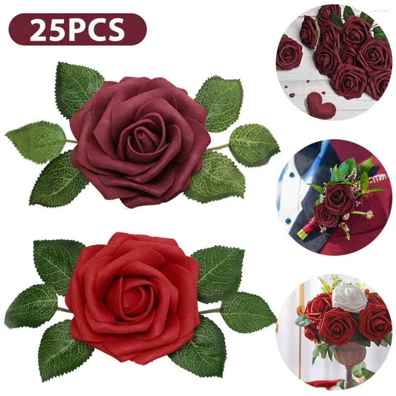 Decorative Flowers 25Pcs Beautiful Rose Artificial Red Faux Realistic Bouquets Home Party Wedding Decoration Fake