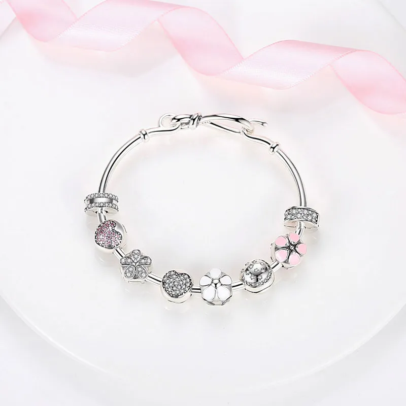 925 silver Fit Pandora Original charms DIY Pendant women Bracelets beads Shiny CZ Heart Clip Charm Flower Bead Safey Chain Stopper