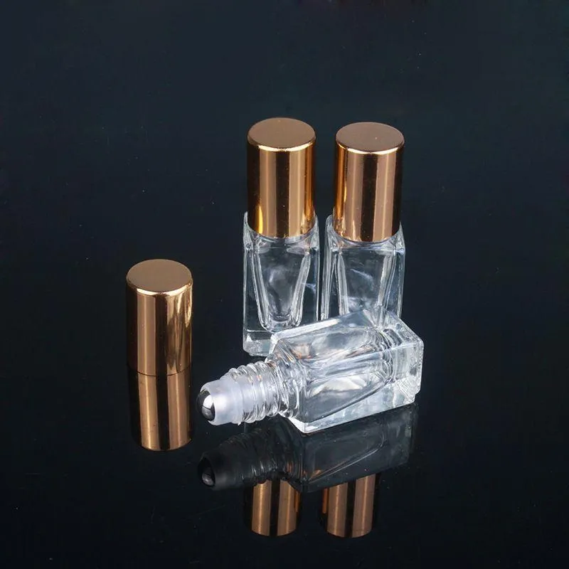 Frascos de óleo essencial de 3 ml para perfume, vidro quadrado transparente em rolo com tampa dourada/prateada, rolo de aço inoxidável dimdt