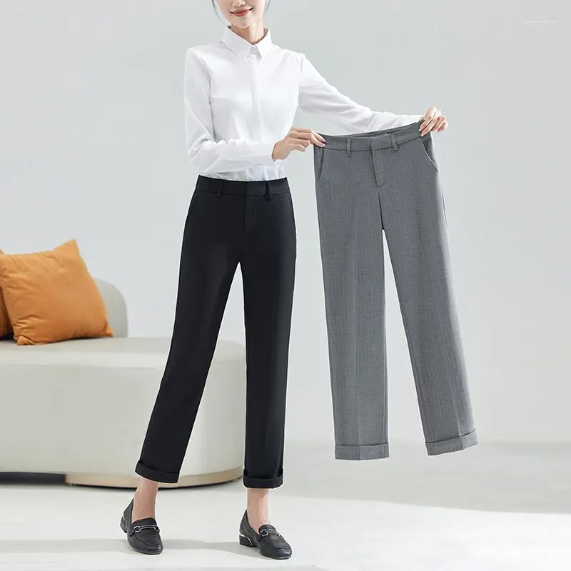 Calça Feminina Feminina Feminina para Trabalho de Escritório Estilo Negócios Calças Femininas Cor Preto Cinza Feminino Casual Perna Reta