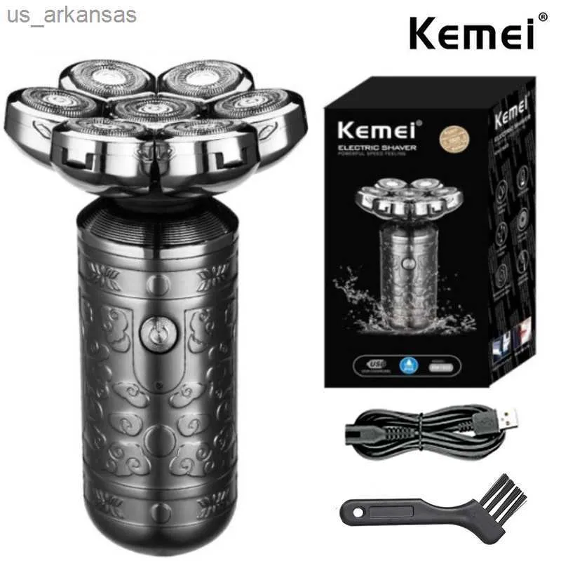 Kemei 7-Blade Barbeador Elétrico Profissional para Barba, Cabeça Recarregável, Máquina de Barbear Careca, Cabeça Recarregável, Metal Shell L230523