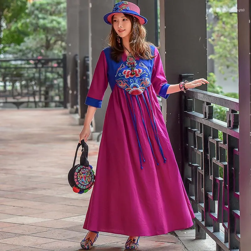 Sukienki swobodne vintage etniczny styl letni sukienka Kobiety haft wielki długoto
