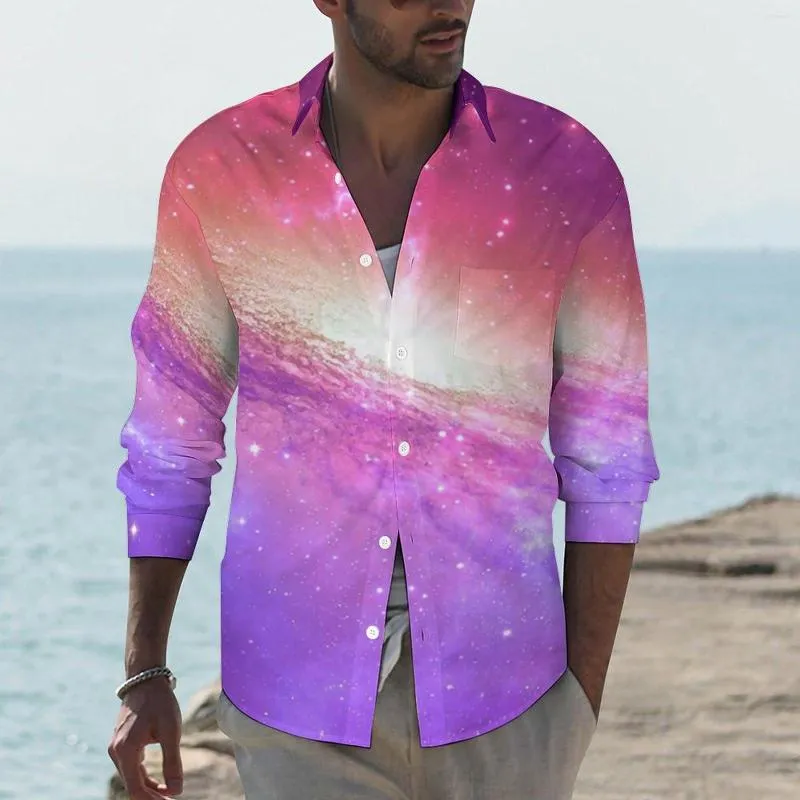 Chemises décontractées pour hommes coloré violet étoile chemise automne galaxie illustration impression hommes Cool Blouses à manches longues personnalisé Y2K vêtements grande taille