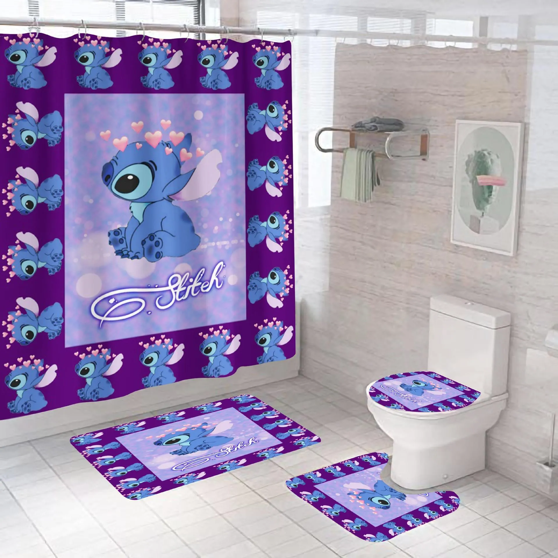 Gardiner 4st/set 3d anime stitch badrumsmatta set hållbar vattentät duschgardin set basmatta lock toalettlock badkar