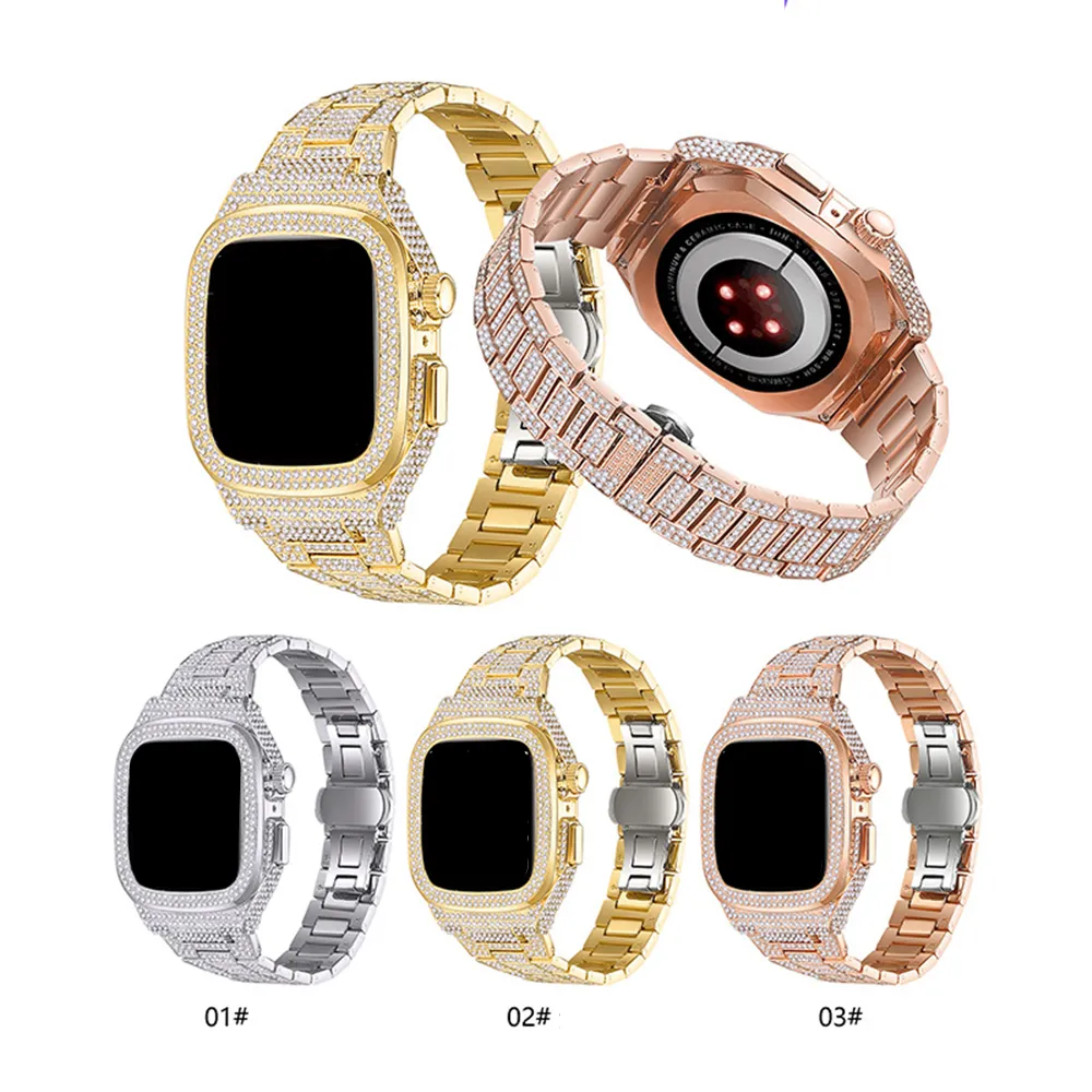 Full Diamond Armor Case Bracelet à boucle papillon en métal Band Link Bracelet Bretelles Bandes Bracelet pour Apple Watch Series 4 5 6 7 8 SE iWatch 44mm 45mm