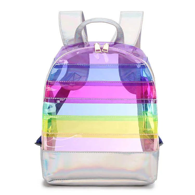 Mochila Nova Casual Mochila Transparente Rainbow Stripe Sacos PVC Transparente Contraste Cor Moda Mochila Escolar de Grande Capacidade Para Meninas J230517