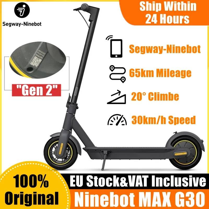 EU Stock Original Ninebot의 Segway Max G30 Smart Electric Scooter 접이식 65km 마일리지 킥 스쿠터 듀얼 브레이크 스케이트 보드 g30p vat gen 2를 포함한 앱