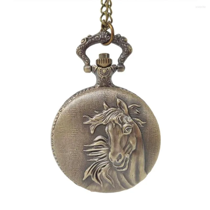 Zakhorloges (1179) Elegante vintage paardenhorloge Legering Romeins nummer Dual Time Display Klok Ketting Ketting Jongen Meisjes Cadeau