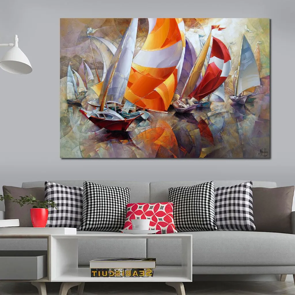 Abstract Seascape Canvas Art Regatta Late Breeze Painting Handmade Cafe Bar Modern Decor