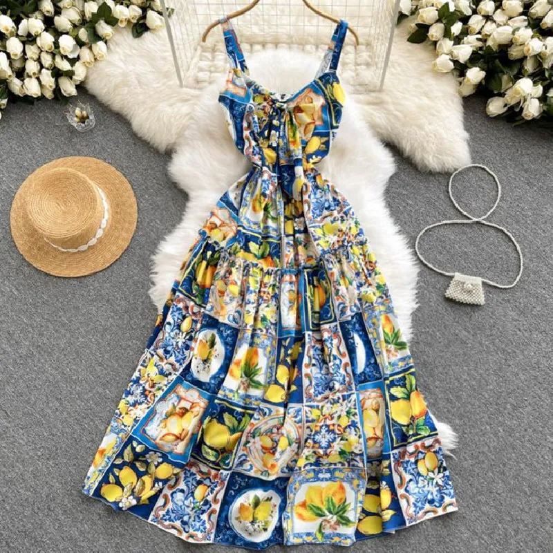 Vestido de verano para mujer, moda 2023, vestidos largos de pasarela, vacaciones, elegante, sexy, con tiras, estampado de limón, pasarela para mujer