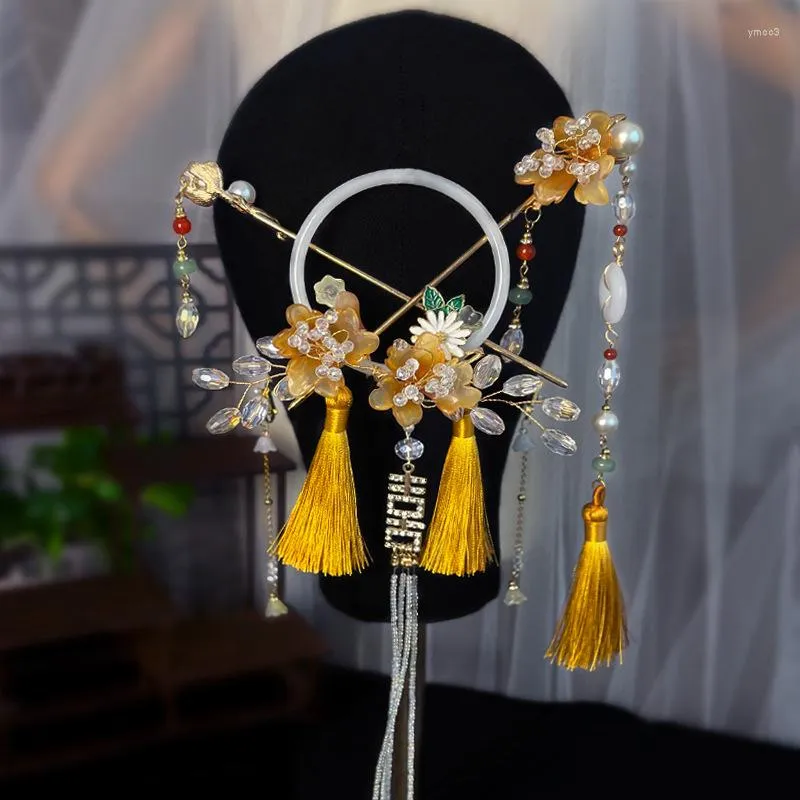 Hair Clips Vintage Hanfu Stick Chinese Classic Crystal Bead Hairpins Flowers With Tassel Headwear Wedding Accessories