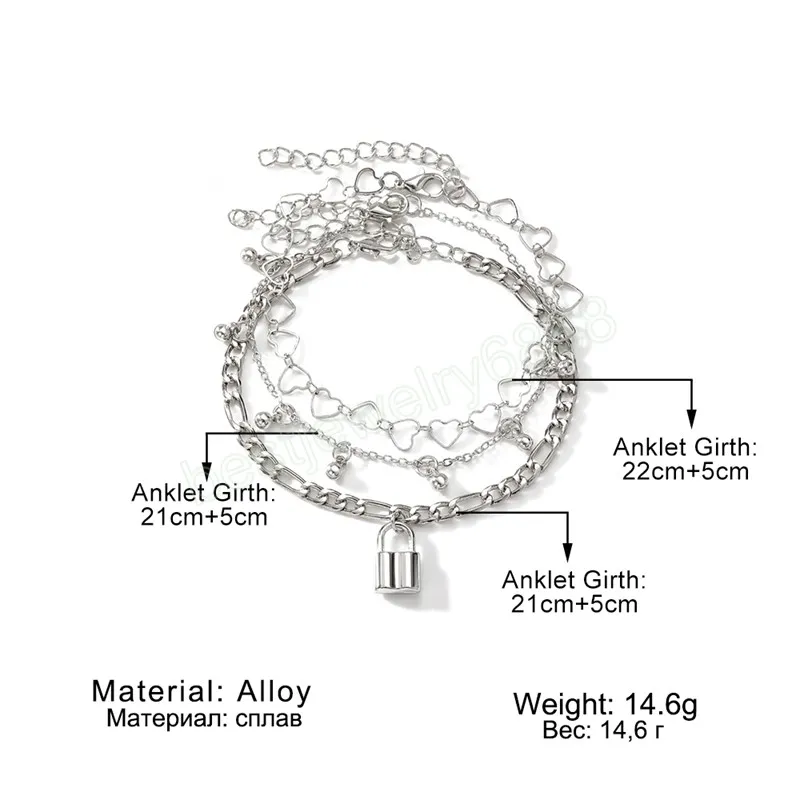 Böhmen Silber Farbe Knöchel Armband Set Für Frauen Liebe Schloss Charme Fußkettchen Kette Auf Bein Mode Boho Schmuck Geschenk