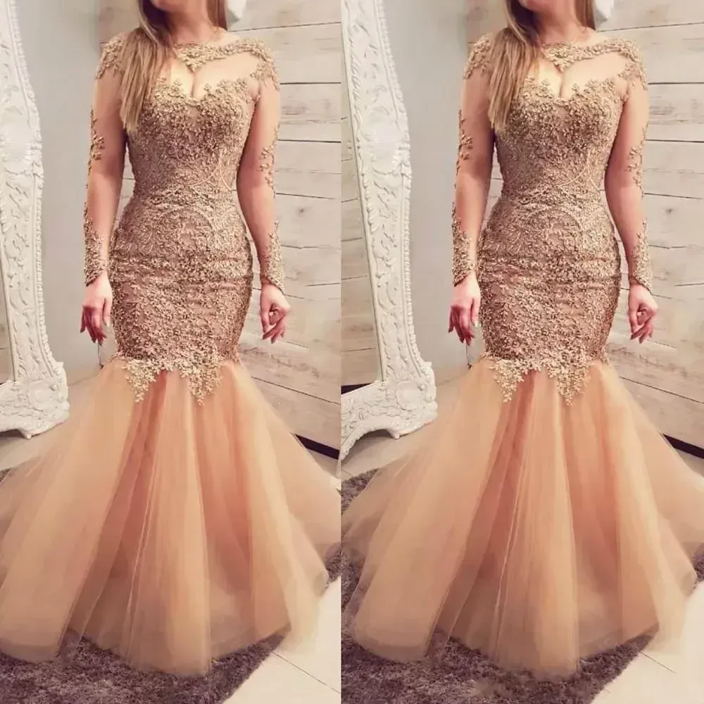 Underbar långärmad pärlor sjöjungfru aftonklänningar spets illusion ren vestidos de festa fest klänning prom formell tävling kändis klänningar plusa storlek