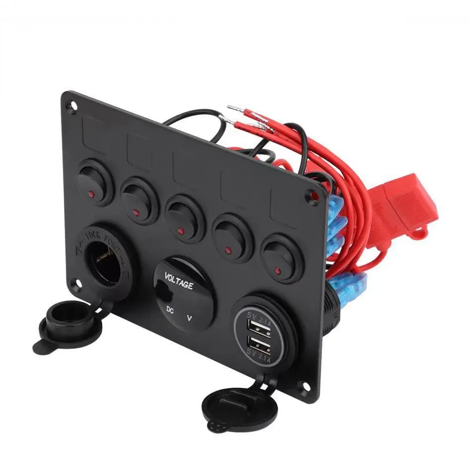 Boat Switch Panel Car Switch Panel Waterproof Digital Dual USB Voltmeter Port 12V Outlet Combination Marine LED Rocker 5 Gang