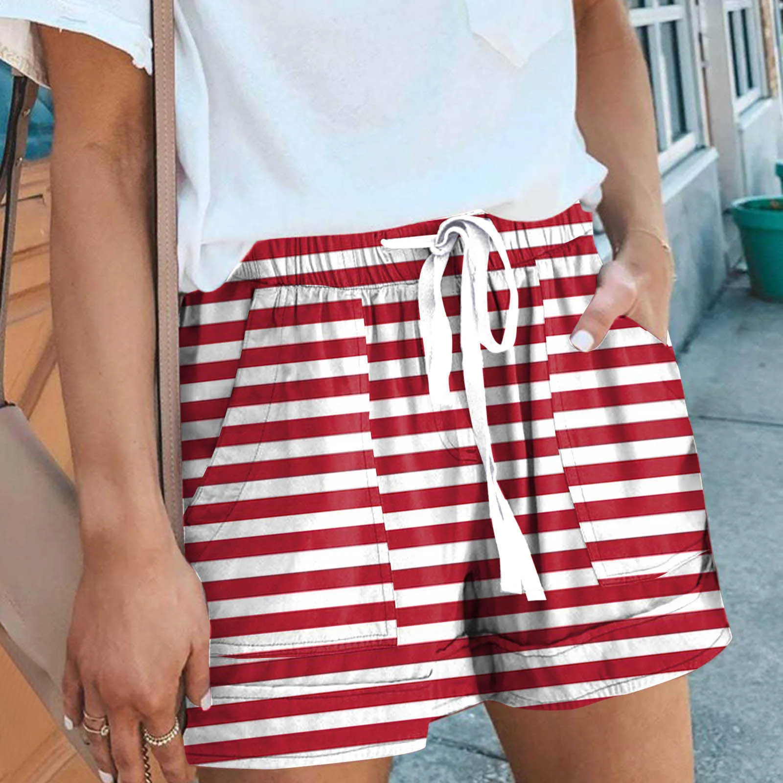 Calções de banho com estampa de listras 4 de julho verão cintura alta renda shorts femininos bolso solto pantalonas patrióticas sutiã apertado novo P230606