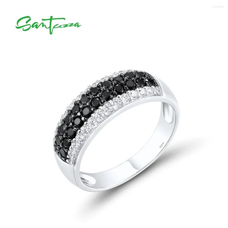 Pierścienie klastra santuzza oryginalne 925 srebrne srebro dla kobiet błyszczące czarny spinel biały sześcienna cyrkonia pierścionka zwięzła biżuteria