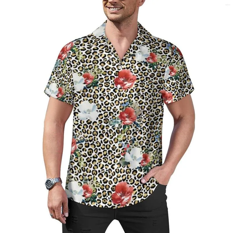 Camicie casual da uomo Camicia con stampa leopardata dorata Vacanza floreale rossa bianca Camicette vintage hawaiane larghe Abbigliamento oversize a maniche corte