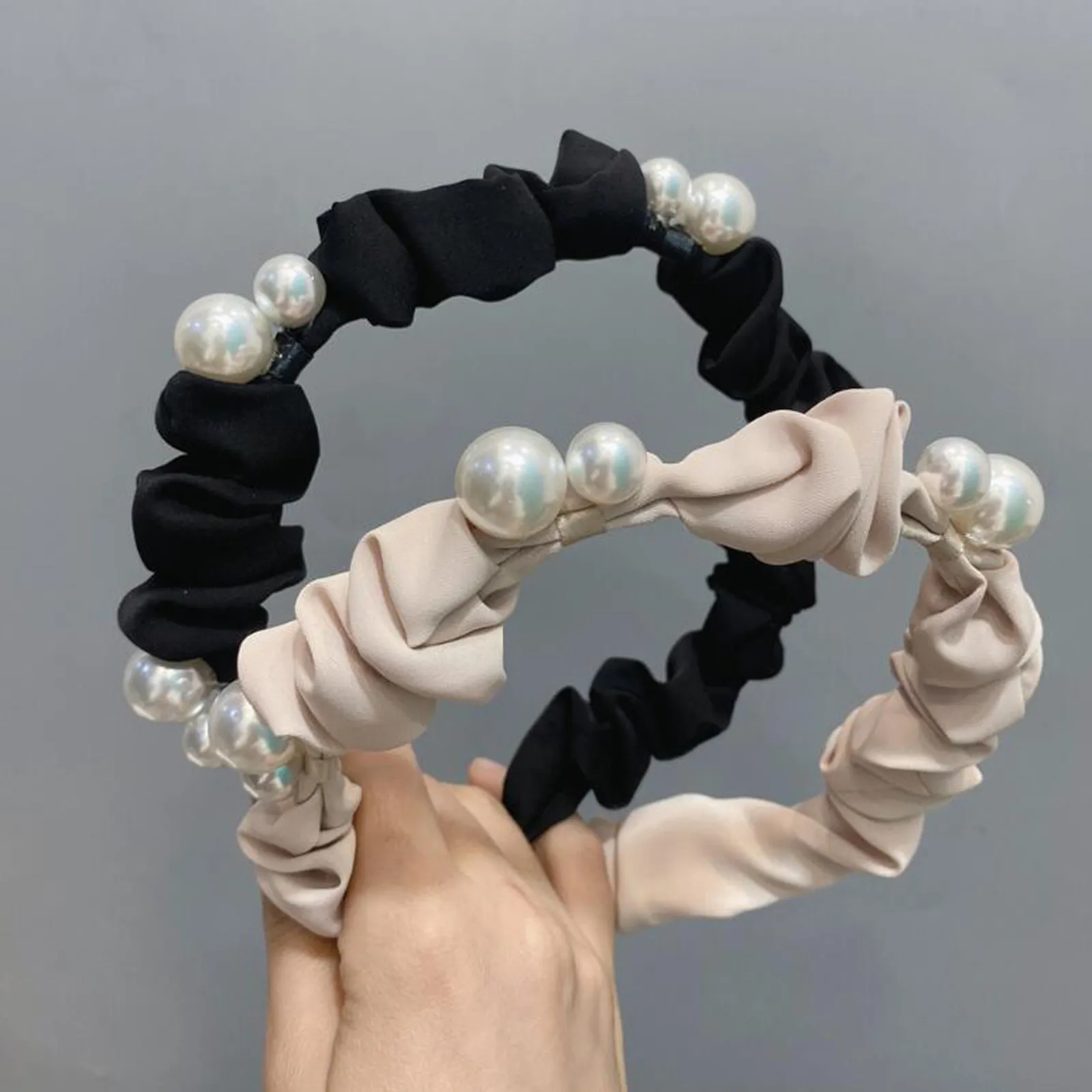 New Fashion Headband For Women Pleated Flower Hairband Wide Size Pearls Paved Headwear For Adult Hair Accessories