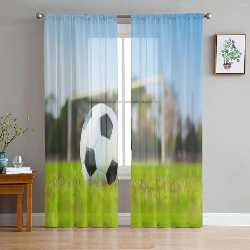 Curtain Soccer Ball On Green Grass Field With Blurred City Tulle Sheer Curtains For Living Room Kitchen Decor Voile Organza