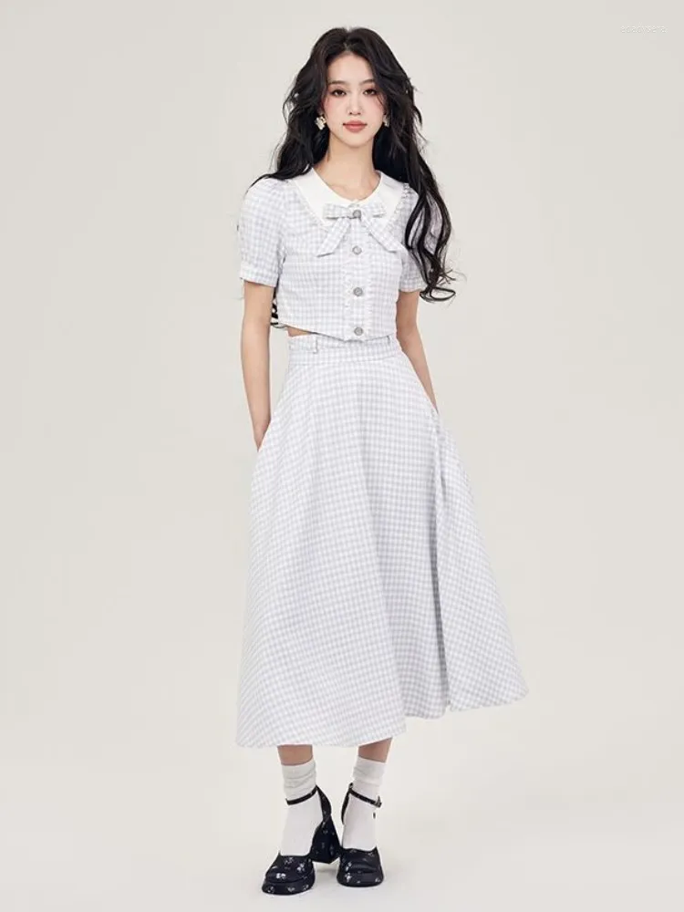 Vestidos de trabajo, conjunto elegante de vestido a cuadros, moda coreana para mujer, camisa con lazo Vintage, falda elegante Formal informal ajustada para fiesta de noche, dos piezas