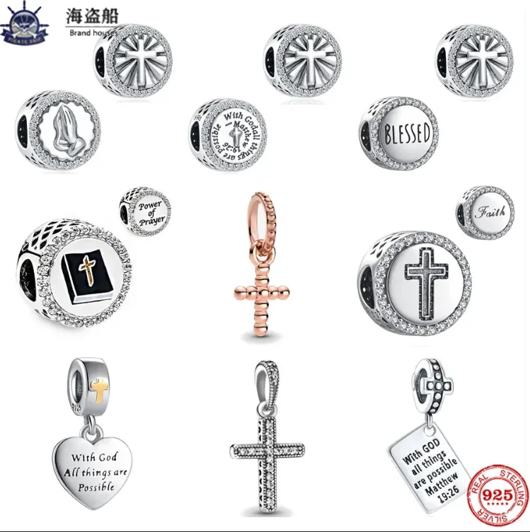 Pour les breloques pandora authentiques perles en argent 925 Dangle Faith Blessed Prayer Cross Bead