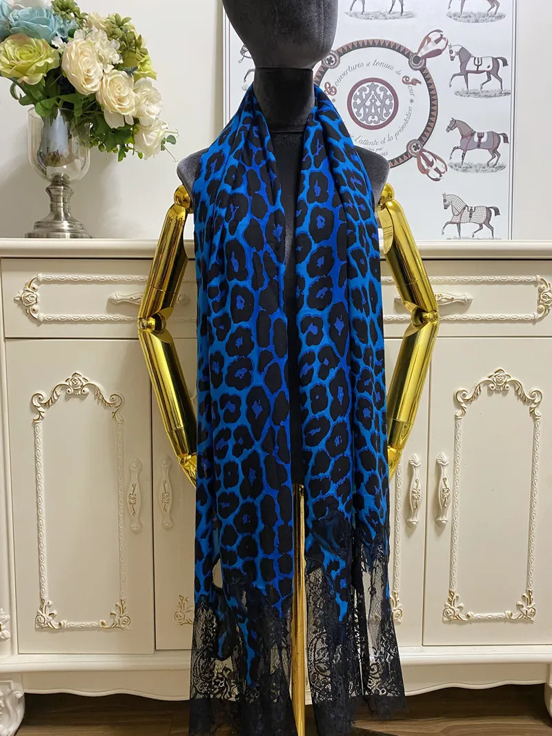 Women Long Cargf Scarves Lace Material Patchwork Print Leopard Grain حجم كبير 210 سم - 70 سم