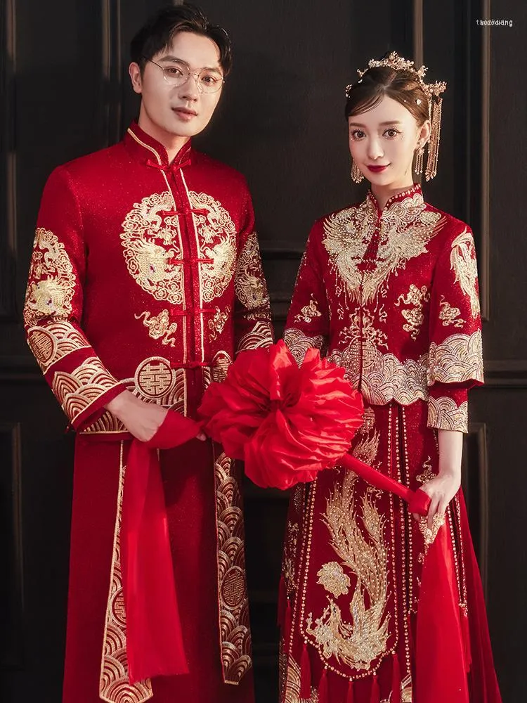 Abbigliamento etnico Stile tradizionale cinese Plus Size Ricamo Coppia Abito da sposa Abiti Cheongsam Oriental RedHanfu Bride Vintage Qipao