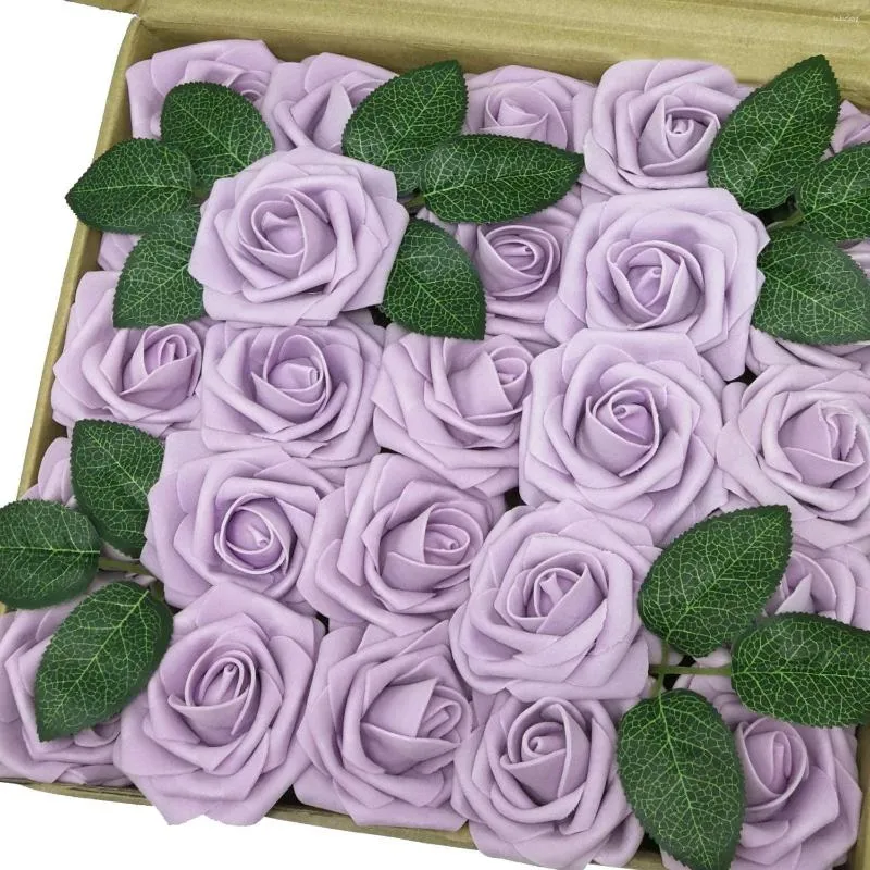 Fleurs décoratives Mefier 25/50 Pcs Rose Artificielle Réel Lila Faux Roses Pour Décorations De Mariage Mousse Violet Pâle Avec Tiges