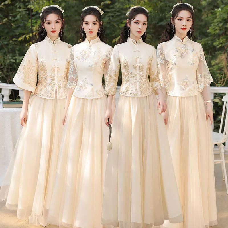 Этническая одежда винтажная подружка невесты Weddng Платье для вечеринки в китайском стиле Cheongsam Sets Vestidso Women Элегантный мандаринский воротник вышитый Qipao