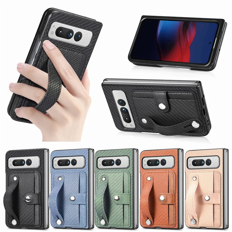 Weave Wristband Ring Folding Case for Google Pixel Fold Kickstand Carbon Fibre Mobile Phone Card Slot Wallet Cover