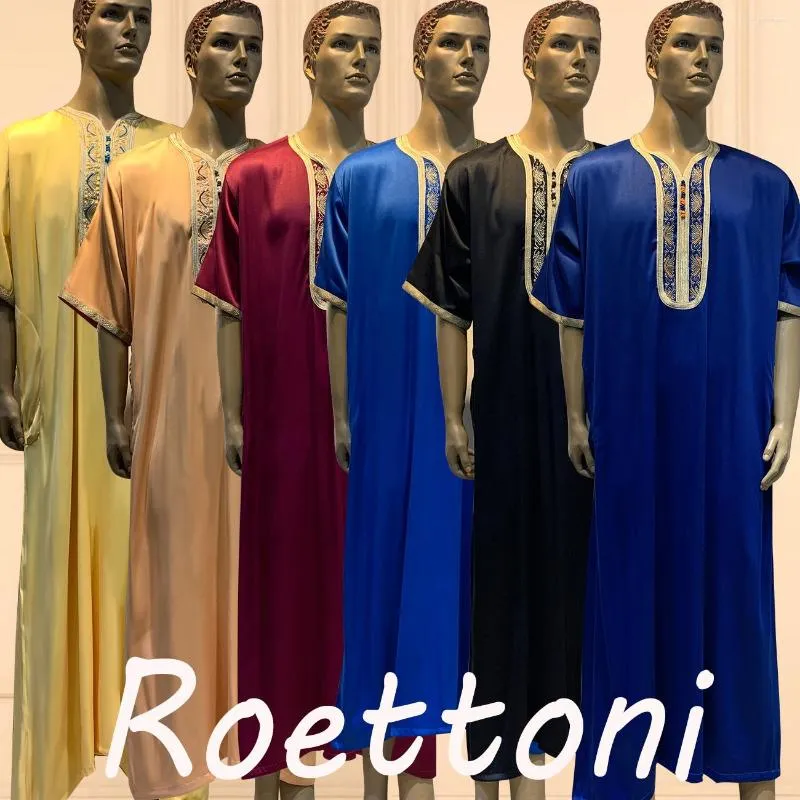 Ethnic Clothing 1 Pieces Shiny Short Sleeves Muslim Jubba Thobe Men Pakistan Djellaba Luxury Saudi Abaya Moroccan Webbing Robe Eid/Ramadan