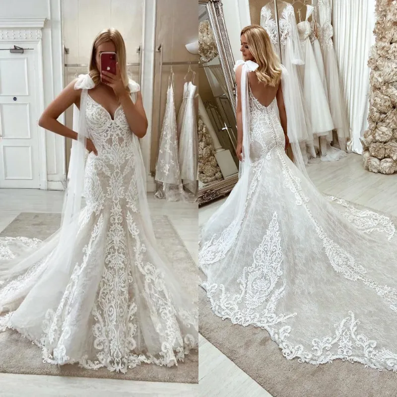 Sexy Sleeveless plugning V Neck Mermaid Wedding Dresses 2022 Backless Court Train Country style Bridal Gowns BC13081A